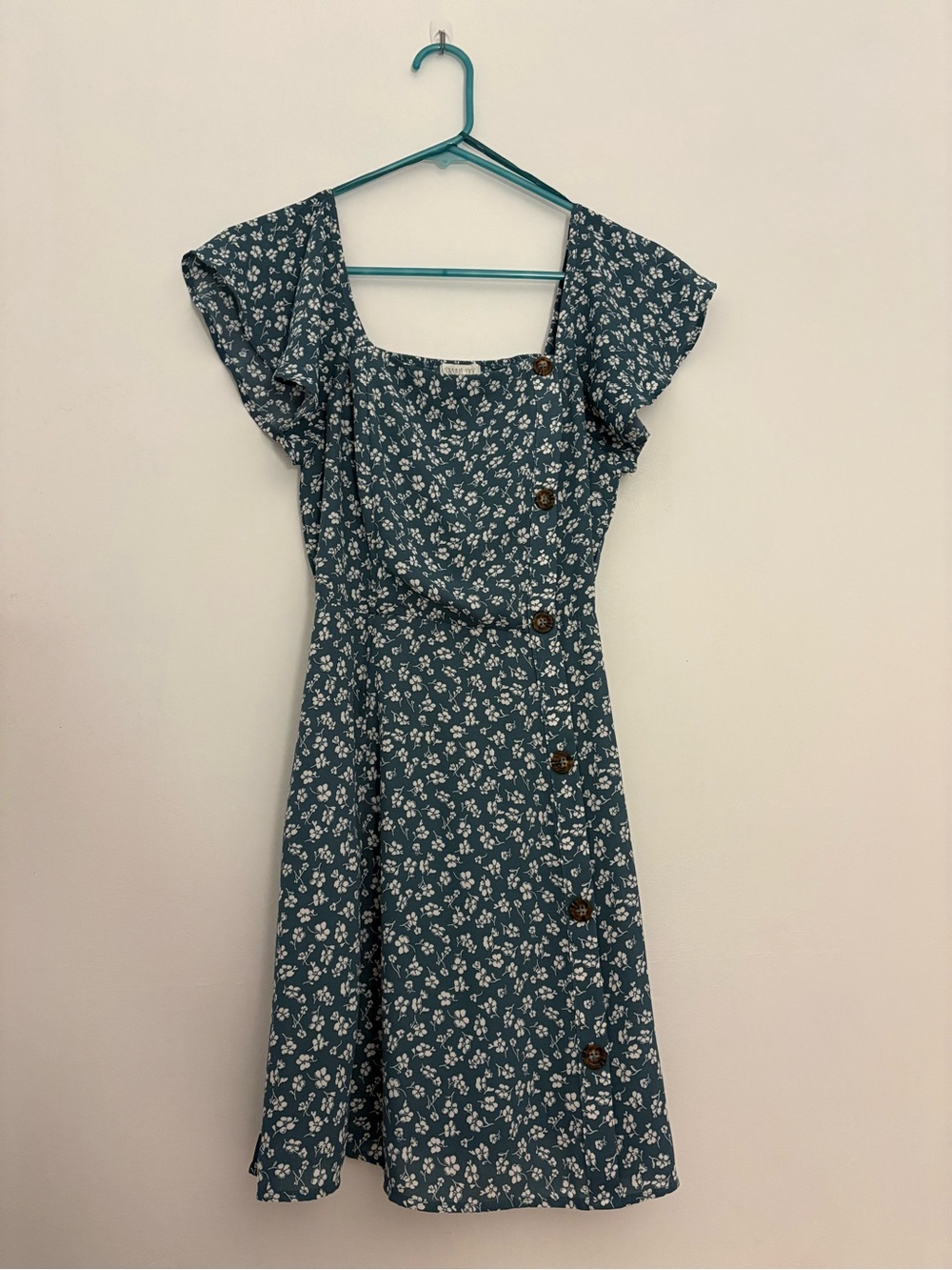 Floral Square-Neck Teal Dress with Button Detail Size XS